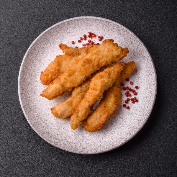 Crispy golden-brown chicken tenders with red peppercorns on a white speckled plate.